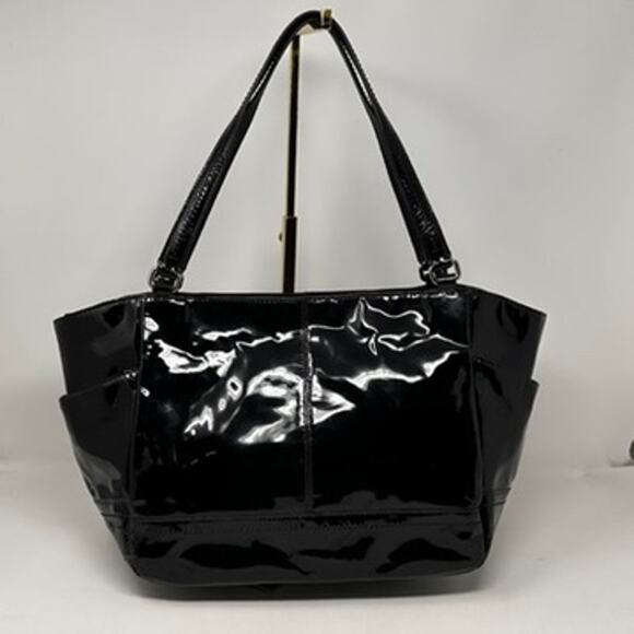 Coach Park Patent Carry Tote F23979 Purse Shoulder Bag Black with Aqua Interior - Picture 8 of 16